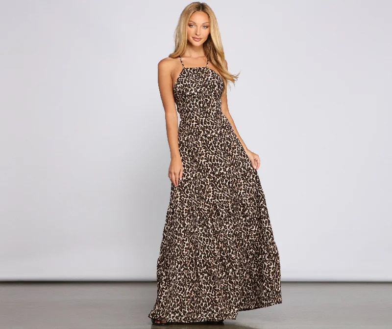 Fiercely Stylish Lace-Up Charming Leopard Maxi Dress Cozy Open-Back Maxi Dress