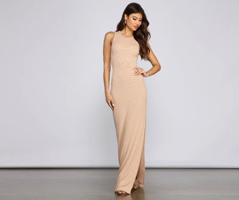 Chic High-Slit Stylish Basic Maxi Dress Elegant Maxi Dress with Drapes