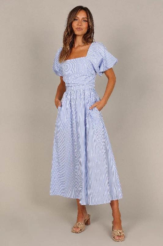 Clo Puff Sleeve Midi Dress - Blue Stripe Fashionable Polka Dot Midi Dress