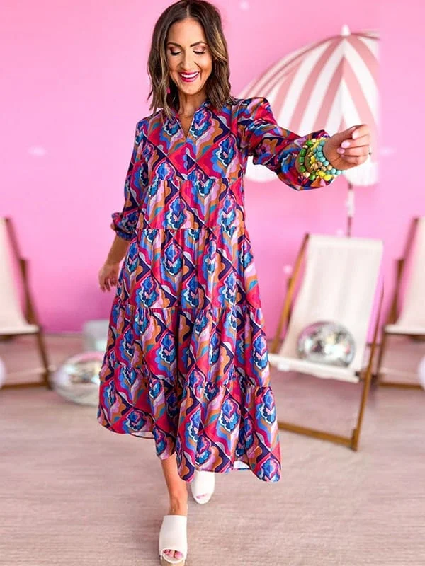 Vibrant Print Flared Sleeves Holiday Maxi Dress Elegant Maxi Dress with Belt