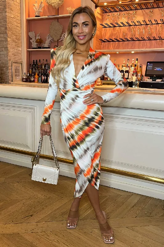 Cream And Orange Abstract Print Long Sleeve Wrap Midi Dress Stylish Silk Midi Dress