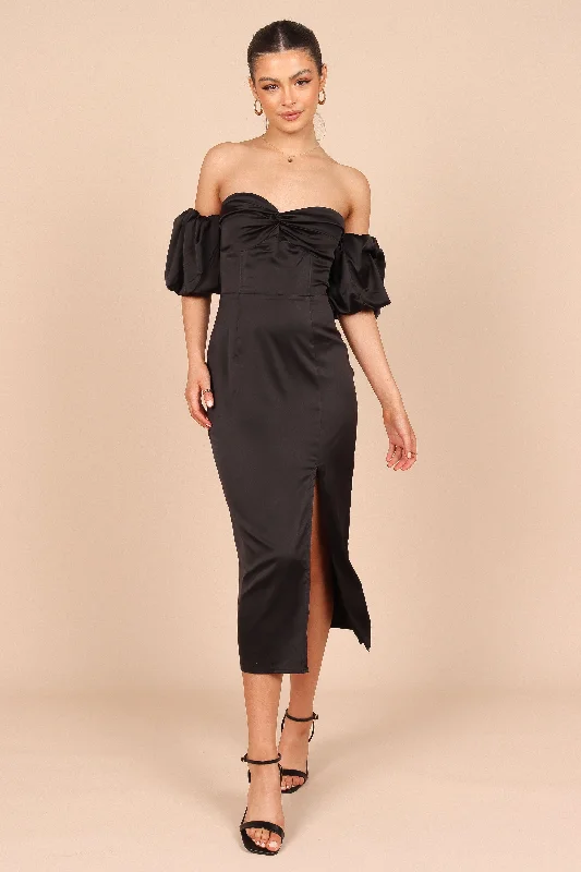 Dahlia Off Shoulder Puff Sleeve Midi Dress - Black Elegant Faux Wrap Midi Dress