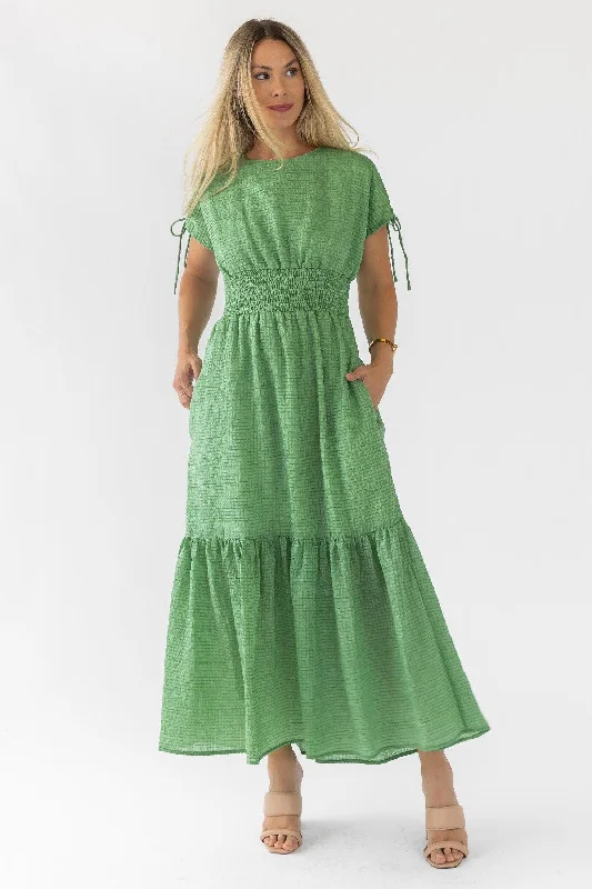 Delia Green Textured Maxi Dress - Final Sale Elegant Silk Maxi Dress