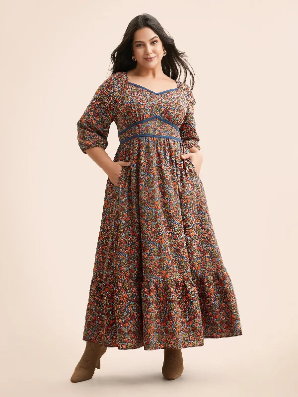 Ditsy Floral Woven Ribbon Maxi Dress Stylish Pleated A-Line Maxi Dress