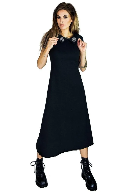 Pentagrams on Collar Long Nu Goth Black Maxi Dress - Giuliana Trendy Maxi Dress with Belt