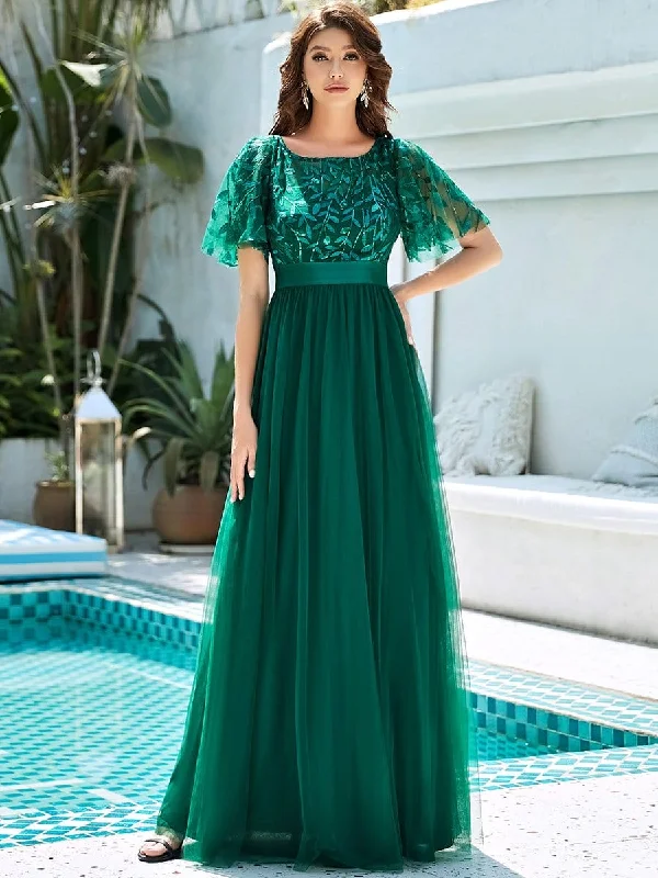 Shimmering Leaf Print Sequin Maxi Dress with Waist Belt Trendy Maxi Dress with Bow