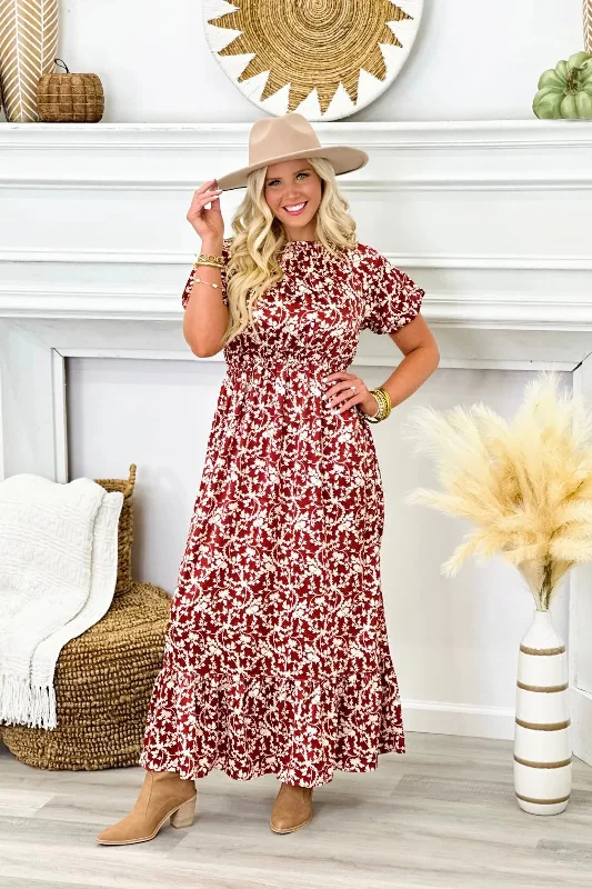 Burgundy Floral Print Short Sleeve Maxi Dress Comfortable Cotton Maxi Dress