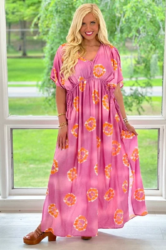 Pink Printed Dolman Sleeve Maxi Dress Elegant Maxi Dress with Lace