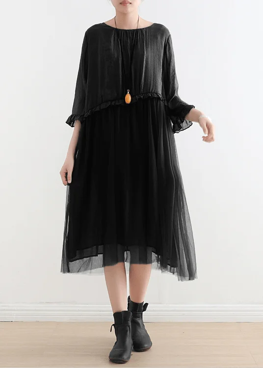 Elegant Black Tull Maxi dresses patchwork chiffon Summer Dresses-Limited Stock Stylish Maxi Dress with Frills