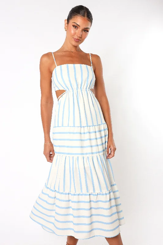 Evelin Midi Dress - Blue Stripe Chic Lace Detail Midi Dress