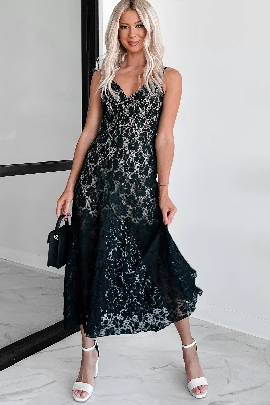 Exceedingly Elegant Lace Midi Dress (Black) Fashionable One-Shoulder Midi Dress