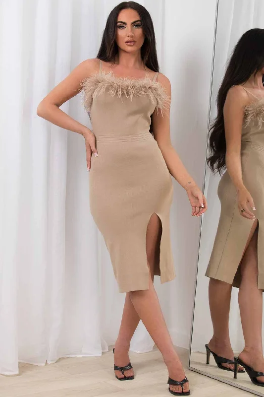 Feather Trim Midi Dress With Side Slit Beige Trendy Long Sleeve Midi Dress