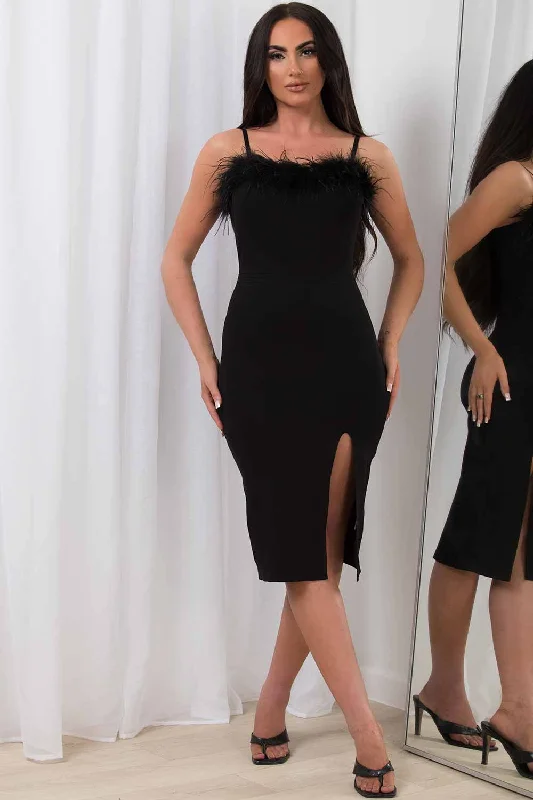 Feather Trim Midi Dress With Side Slit Black Cozy T-shirt Midi Dress