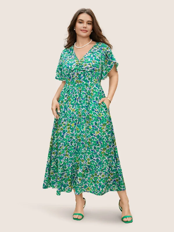 Floral Button Detail Petal Sleeve Maxi Dress Stylish Button-Up Maxi Dress