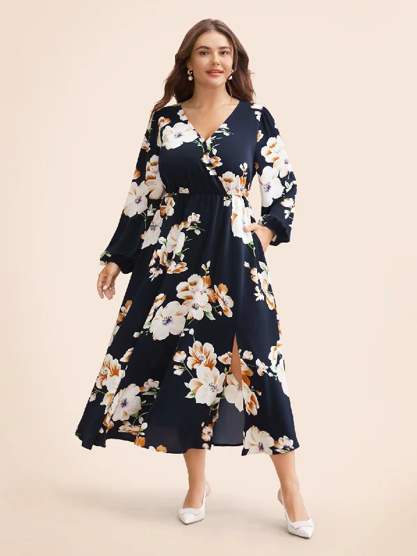 Bloom Dress - Floral Lantern Sleeve Pocket Split Surplice Neck Flutter Maxi Dress Stylish Maxi Dress with Frills