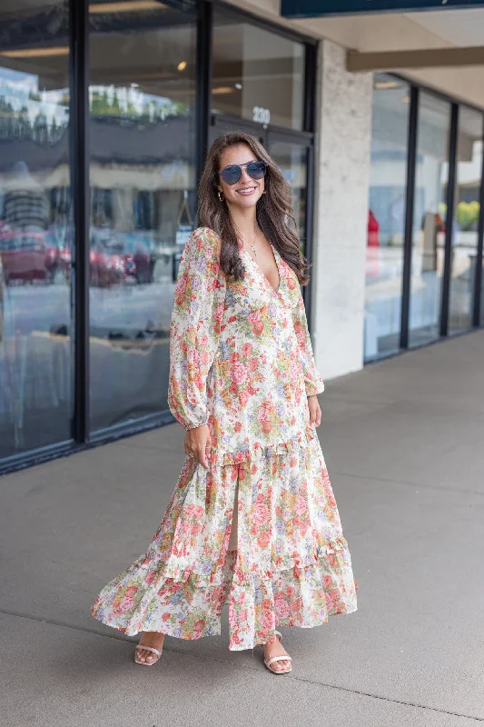 Floral Stunner Cream Maxi Dress Trendy Off-Shoulder Ruffle Maxi Dress