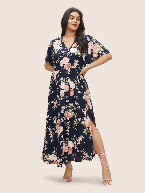 Bloom Dress - Flutter Sleeve Ditsy Floral Pocket Split Maxi Dress Elegant Maxi Dress with Slit