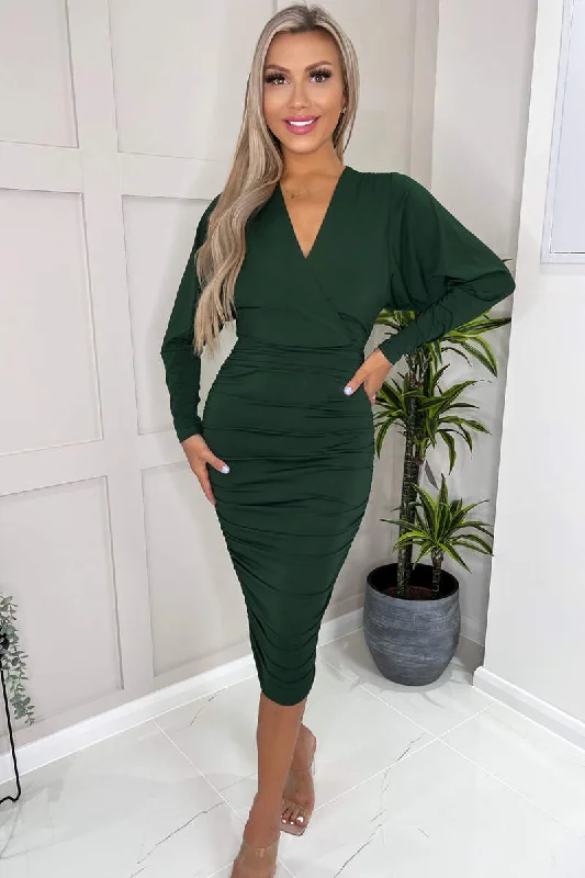 Forest Green Ruched Wrap Top Midi Dress Elegant Satin Button Midi Dress