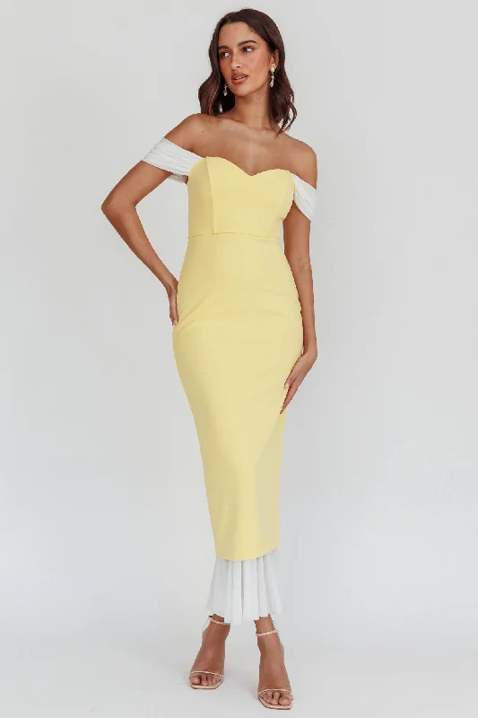 Freesia Off Shoulder Bodycon Midi Dress Lemon Trendy Ruffle Hem Midi Dress