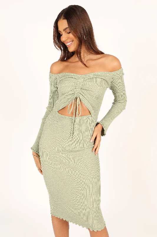 Geneva Off Shoulder Midi Dress - Sage Elegant Floral Skirt Midi Dress