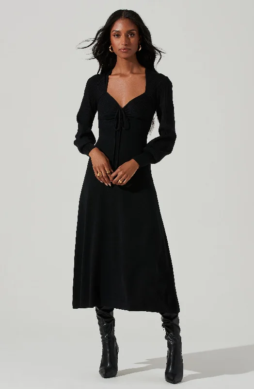 Genevieve Knit Sweetheart Long Sleeve Midi Dress Trendy Flared Sleeve Midi Dress