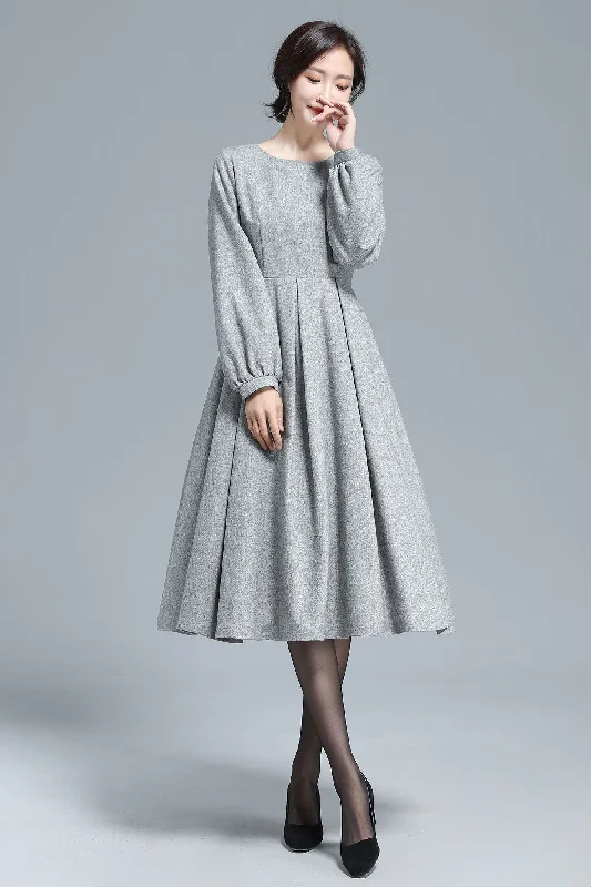 Gray Pleated Wool Dress, Midi Dress Women 3128 Cozy Ribbed Knit Midi Dress