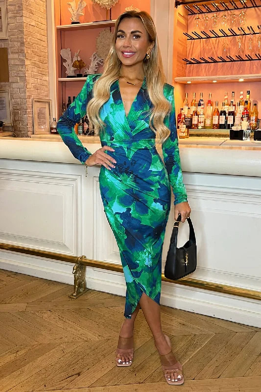 Green Printed Long Sleeve Wrap Midi Dress Stylish Color Block Midi Dress