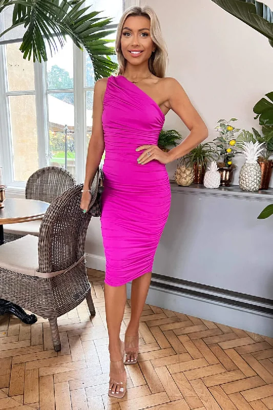 Hot Pink One Shoulder Ruched Midi Dress Fashionable Wide Leg Midi Dress