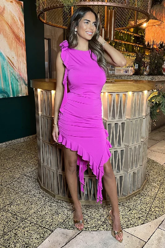 Hot Pink Ruched Asymmetrical Frill Midi Dress With Flower Detail Trendy Ruched Side Midi Dress