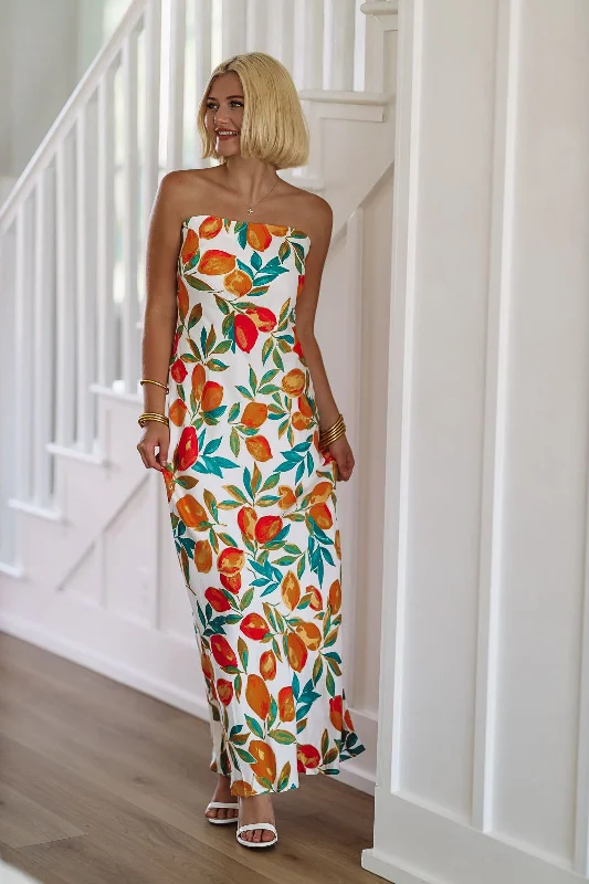 In the Grove Maxi Dress - White, Orange and Green Comfortable Ruffle Hem Maxi Dress