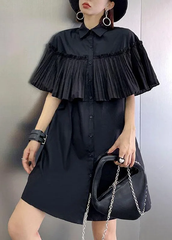 Italian Black Button Summer Short Sleeve Maxi Dresses Comfortable Pleated Maxi Dress