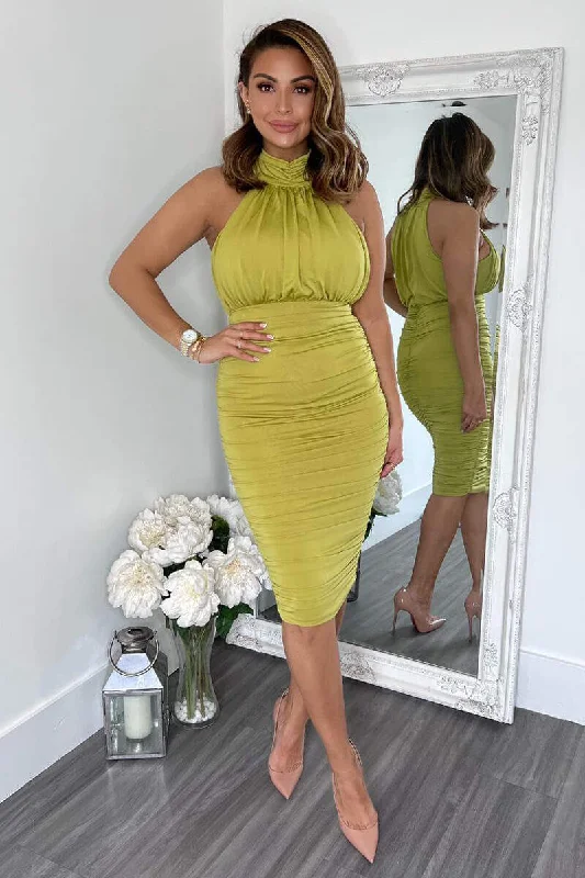 Lime Ruched High Neck Midi Dress Trendy Tiered Hem Midi Dress