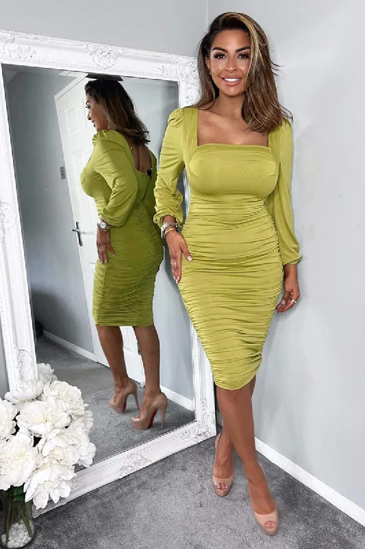 Lime Square Neck Ruched Long Sleeve Midi Dress Comfortable Deep V Midi Dress