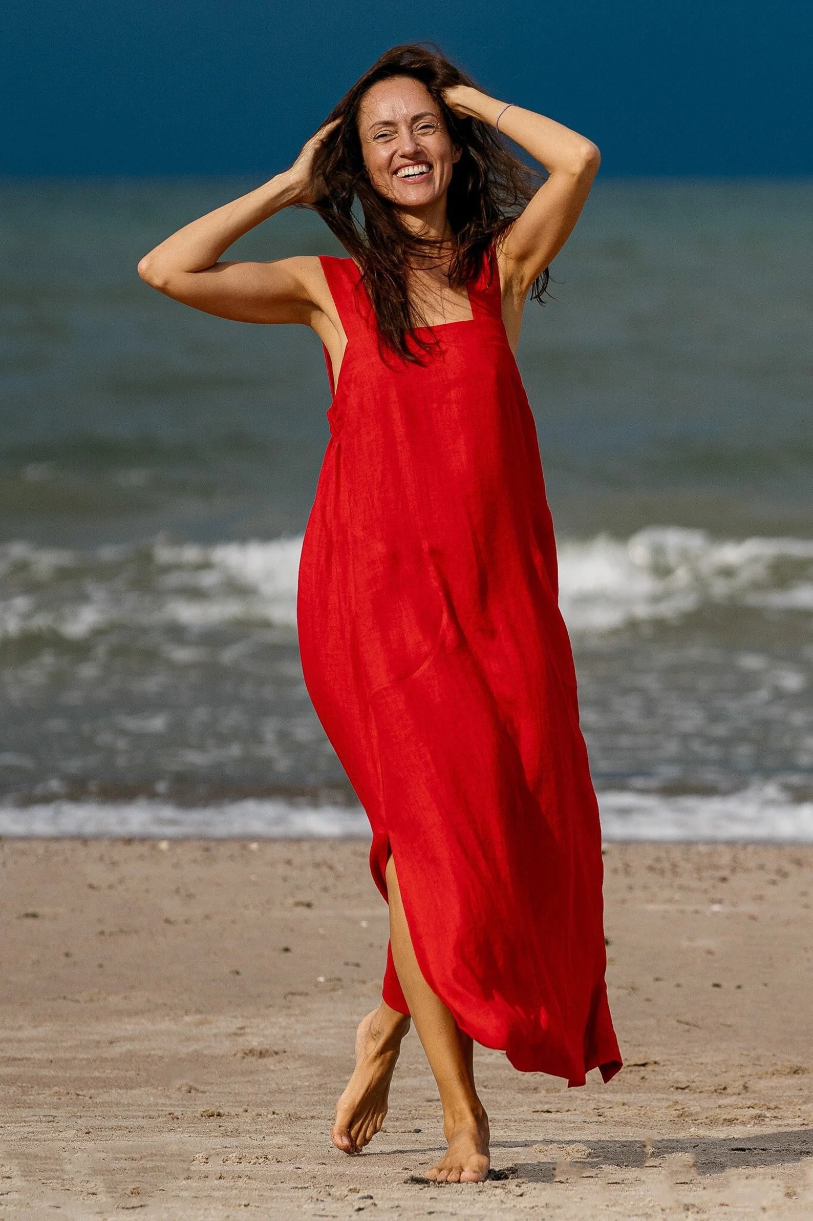 Linen Strap MAXI Dress ADELE In Red Elegant Pleated Maxi Dress