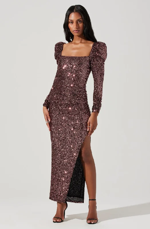 Lourdes Sequin Long Sleeve Midi Dress Elegant V-Neck Midi Dress