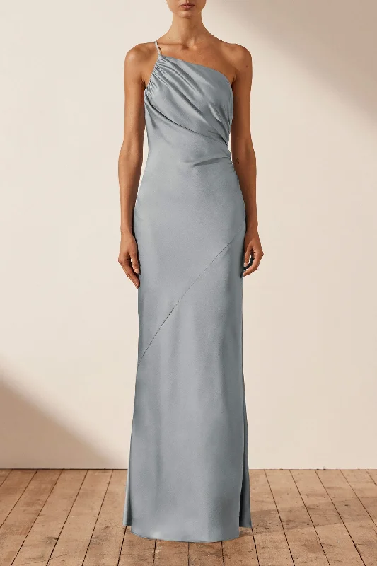 LUXE ASYMMETRICAL GATHERED MAXI DRESS - AZURE Elegant Maxi Dress with Ruffles