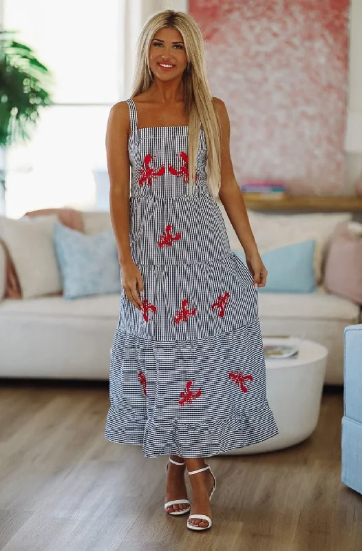 Meet Me in Maine Lobster Plaid Maxi Dress - Navy Elegant Lace Maxi Dress