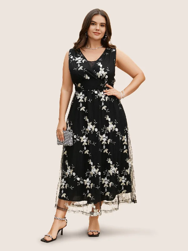 Mesh Floral Embroidered Sleeveless Maxi Dress Elegant Maxi Dress with Belt