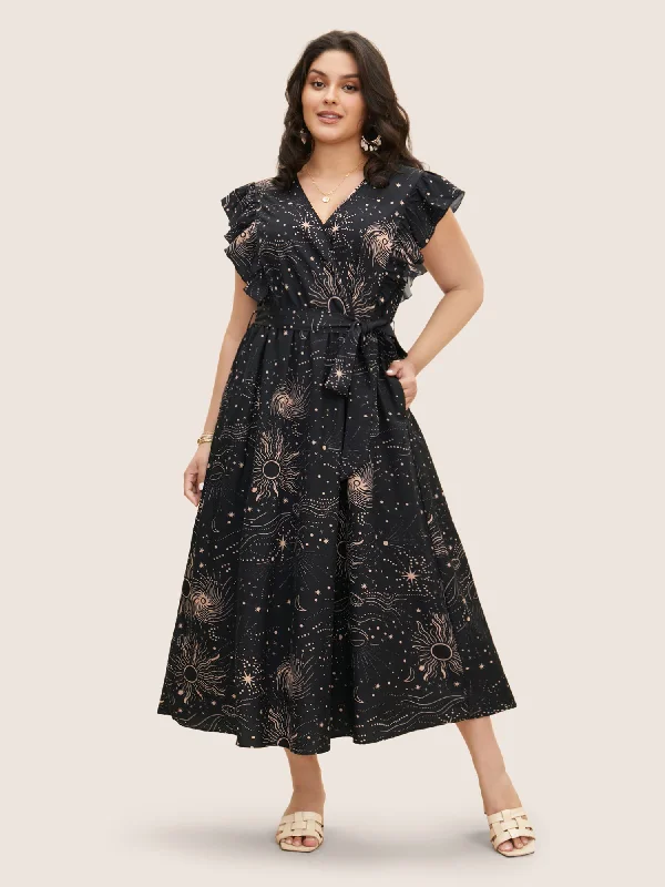 Moon & Star Ruffle Cap Sleeve Maxi Dress Trendy Fit-and-Flare Maxi Dress