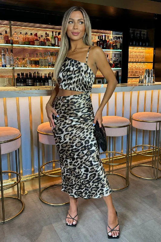 Multi Leopard Print Asymmetric Cut Out Midi Dress Trendy A-Line Midi Dress