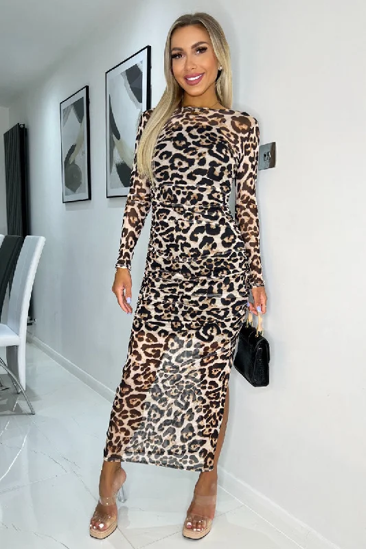 Multi Leopard Print Mesh Overlay Long Sleeve Bodycon Midi Dress Fashionable Pleated Midi Dress