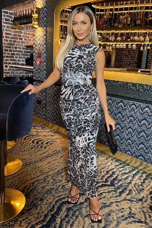 Multi Leopard Print Mesh Sleeveless Ruched Side Split Midi Dress Cozy Ribbed Knit Midi Dress