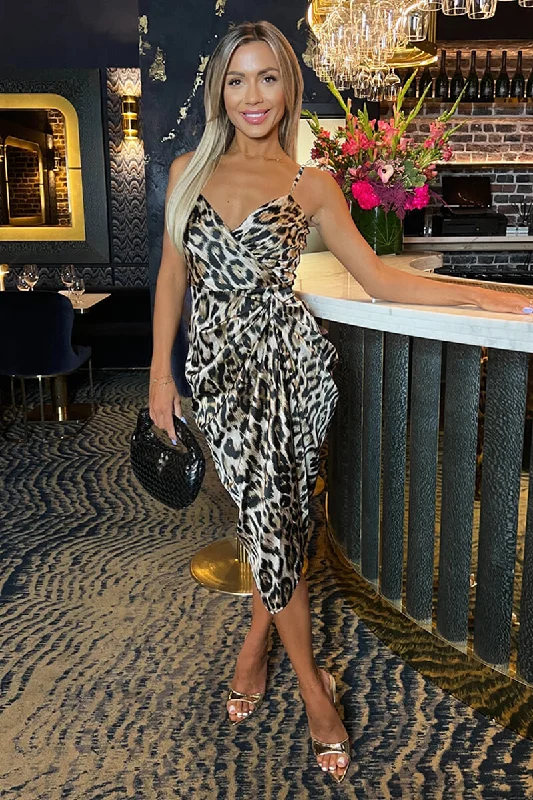 Multi Leopard Print Strappy Wrap Top Gathered Skirt Midi Dress Elegant Floral Midi Dress