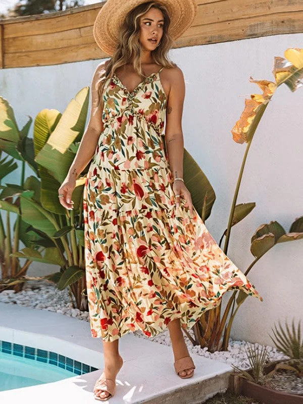 Elegant Floral Print Sleeveless Maxi Dress Fashionable Off-Shoulder Maxi Dress