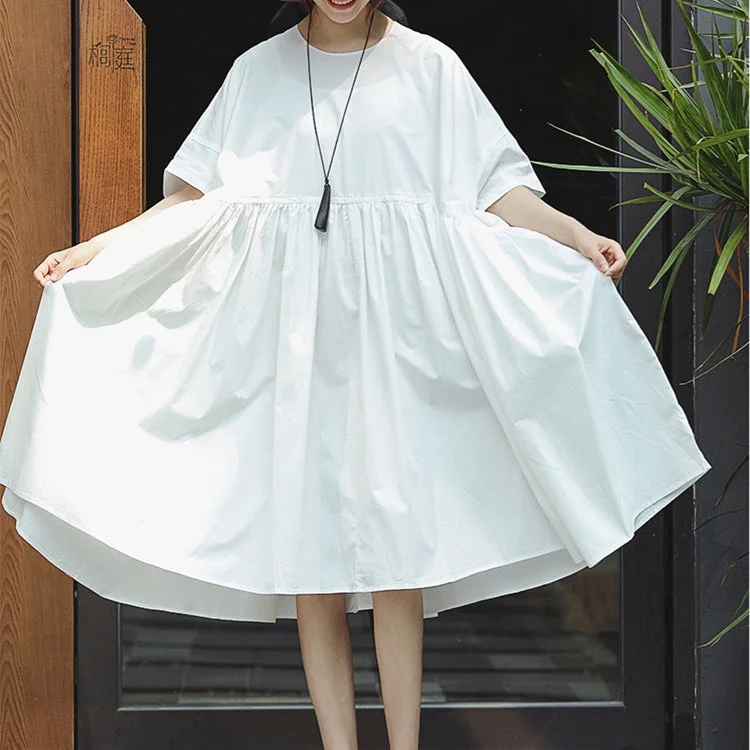 New white cotton maxi dress casual O neck baggy dresses Elegant short sleeve large hem dresses Trendy Maxi Dress with Belt