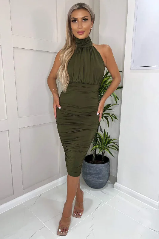 Olive Ruched High Neck Midi Dress Trendy Ruffled Sleeve Midi Dress