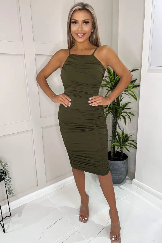 Olive Ruched Pleated Top Midi Dress Comfortable Knitwear Midi Dress