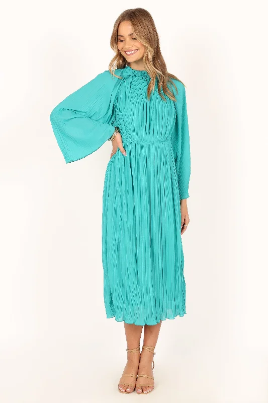 Olivia Long Sleeve Midi Dress - Teal Trendy Midi Dress with Belt