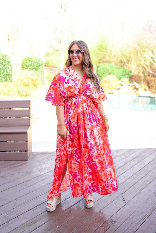 Orange Florals Chic Maxi Dress Trendy Satin Maxi Dress