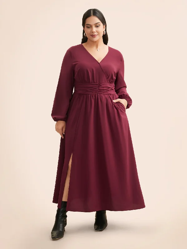 Overlap Collar Ruched Lantern Sleeve Maxi Dress Stylish Long Sleeve Maxi Dress